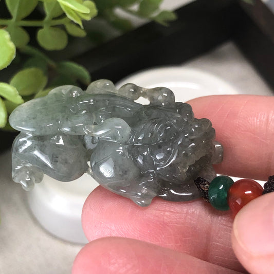 38.1mm Jadeite Jade Icy Wuji Green Carved Pixiu Charm Pendant