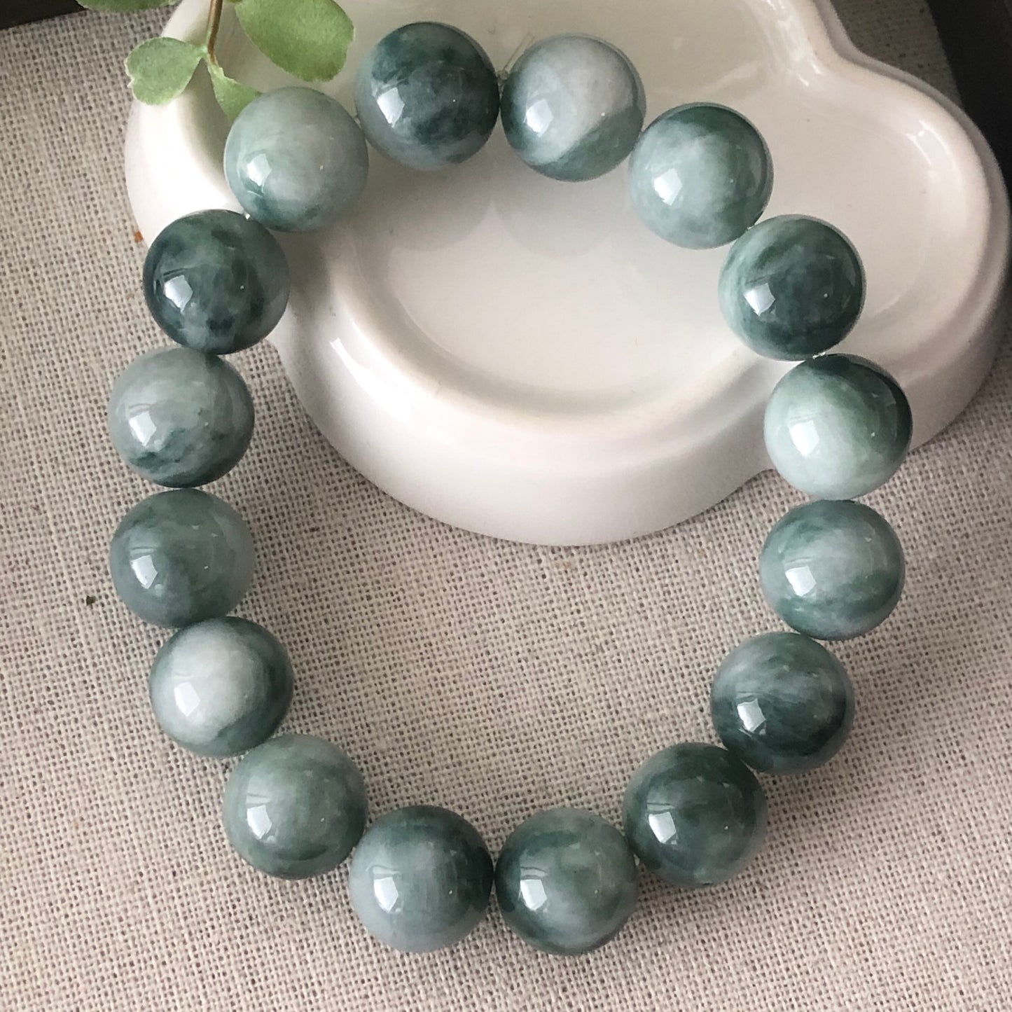 13 mm Jadeite Jade Green Float Flowers Bead Bracelet 16pcs. RARE