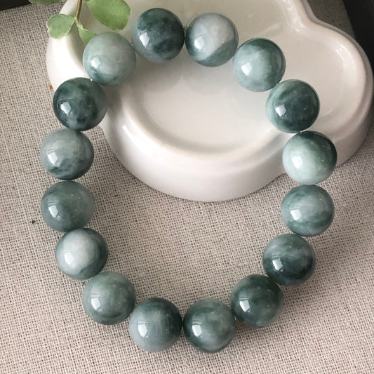 13 mm Jadeite Jade Green Float Flowers Bead Bracelet 16pcs. RARE