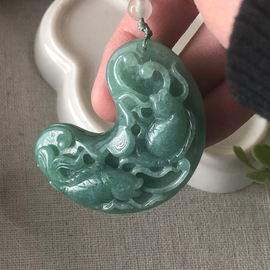 Jadeite Jade Green Carved Double Koi Fish Pendant