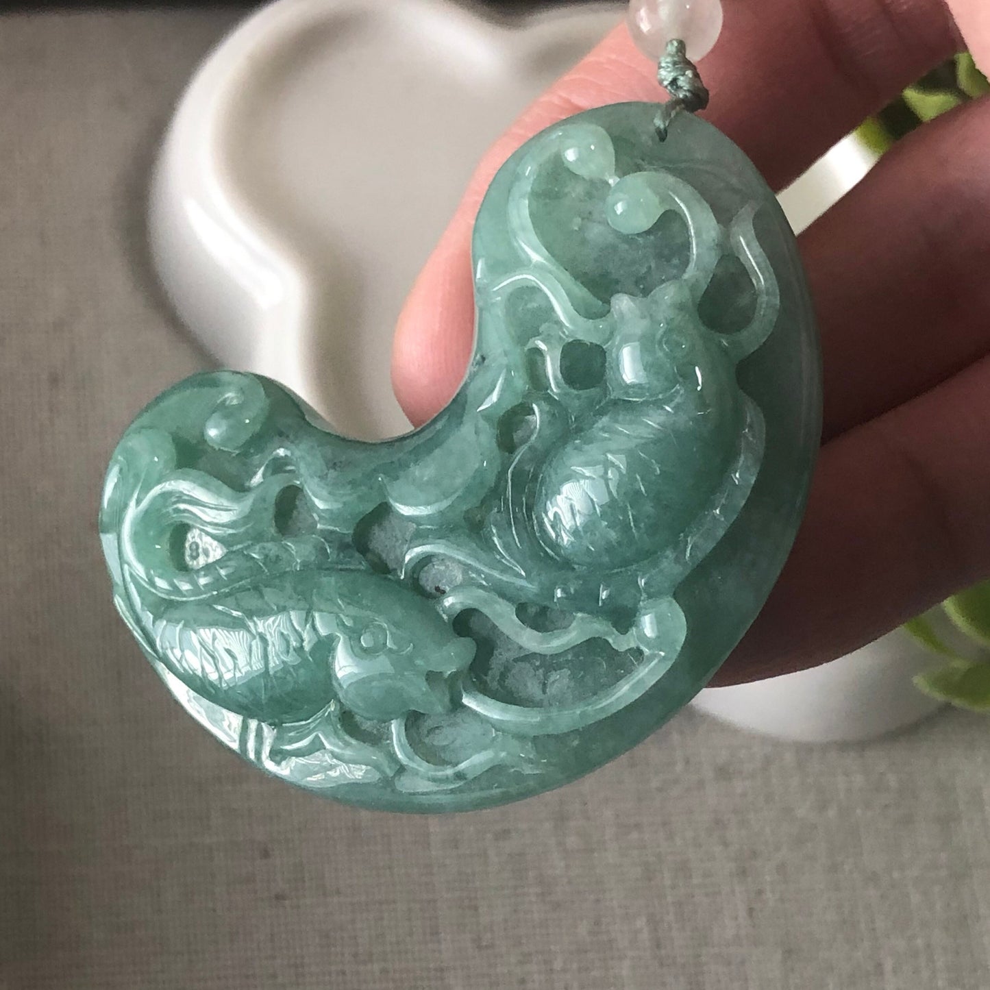 Jadeite Jade Green Carved Double Koi Fish Pendant