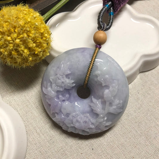 54.3 mm Jadeite Jade Lavender Green Carved Flowers Peace Donut Pendant