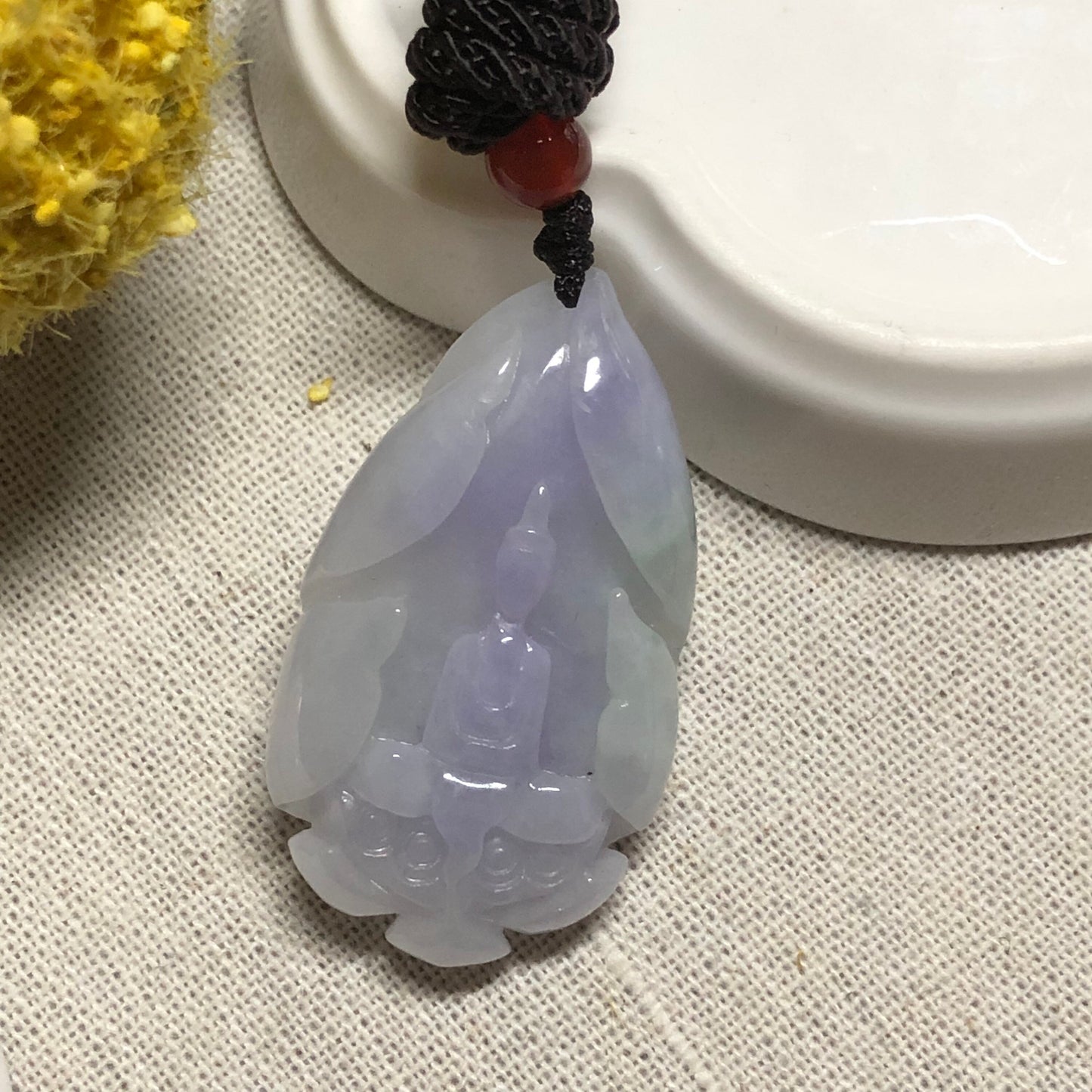 41.9 mm Jadeite Jade Lavender Green 3D Carved Petal Wudao Pendant