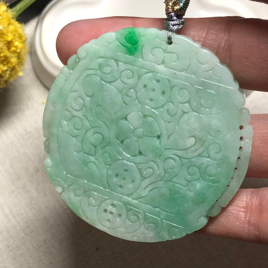 SALE: 56.7 mm Jadeite Jade Yang Green Carved Asian Design Pendant