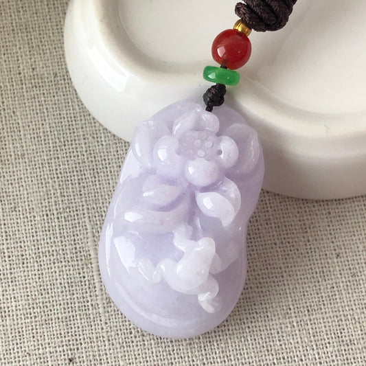 41.2 mm Jadeite Jade Lavender 3D Carved Flower Frog Pendant
