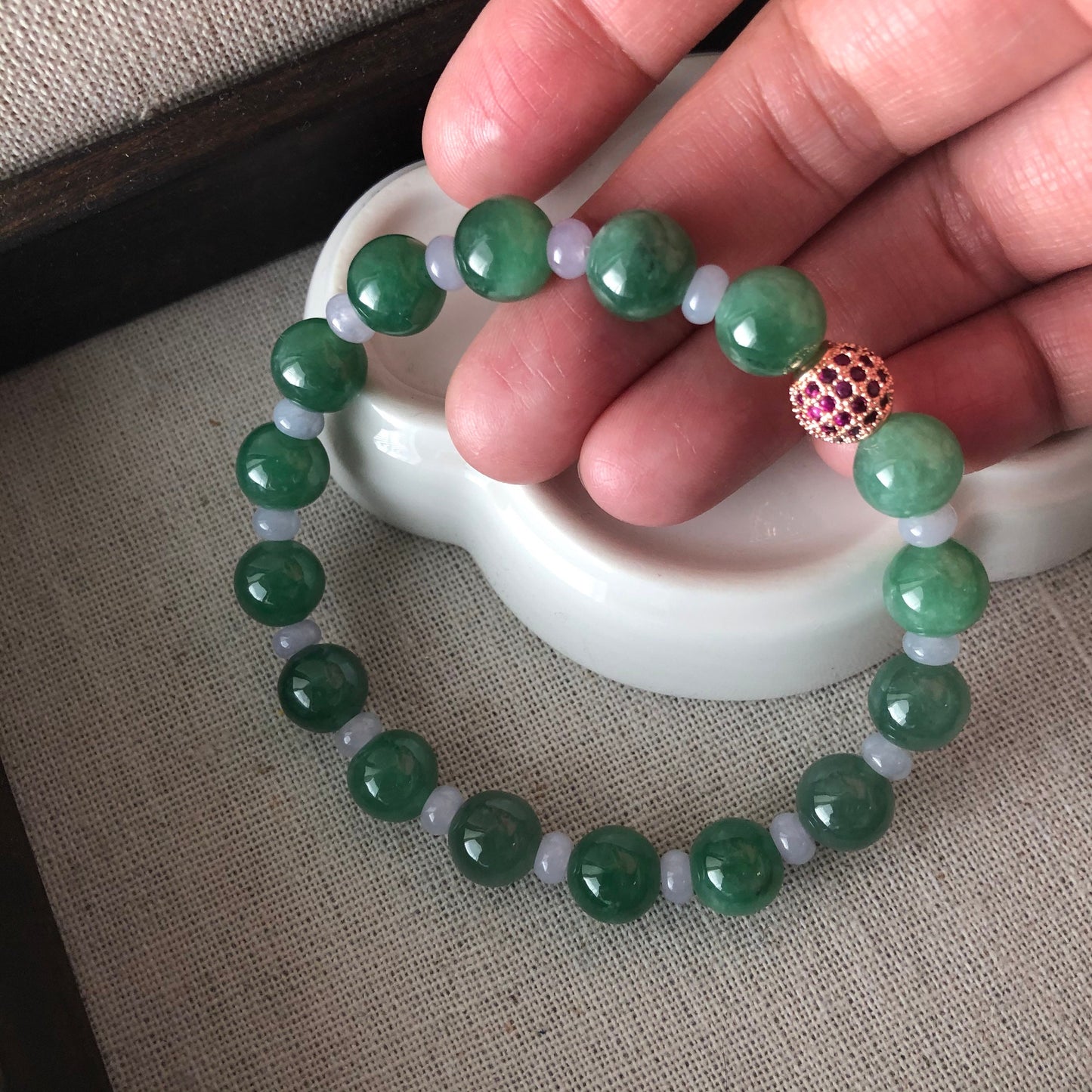 8.8 mm Jadeite Jade Icy Green Flat Bead Bracelet 19pcs.