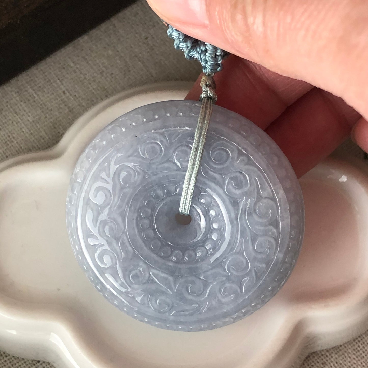 42.3mm Jadeite Jade Icy Light Blue Lavender Carved Peace Donut Pendant