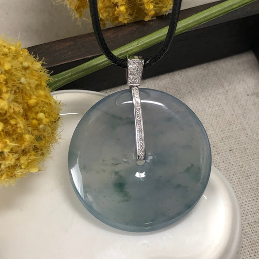 37.4mm Jadeite Jade Icy Blue Green Float Flowers Peace Donut Pendant 18K white gold