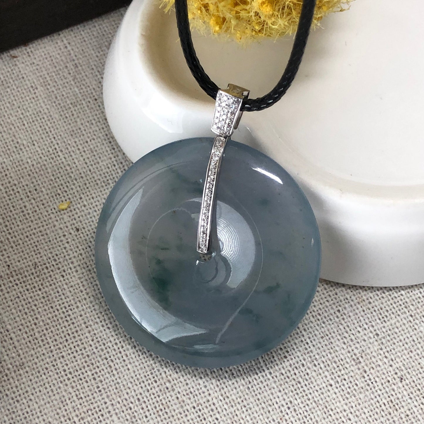 37.4mm Jadeite Jade Icy Blue Green Float Flowers Peace Donut Pendant 18K white gold