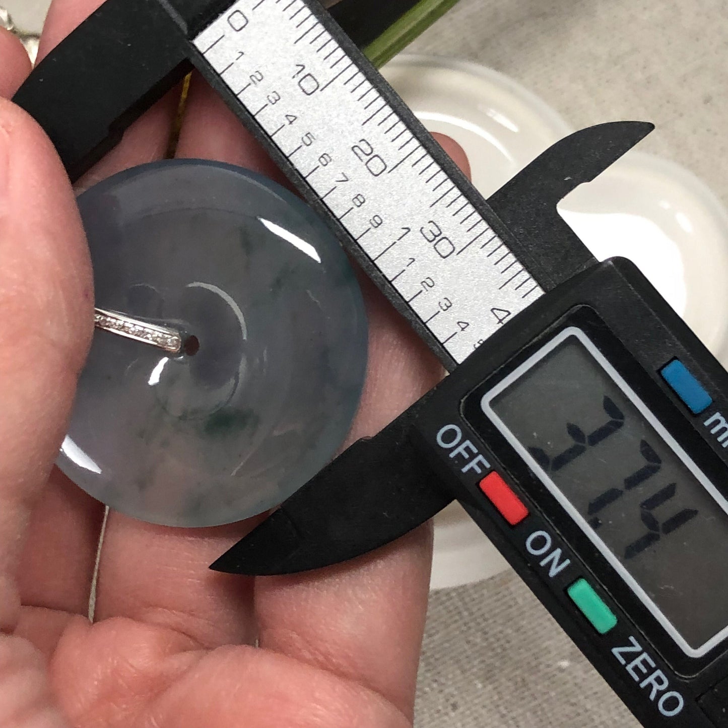 37.4mm Jadeite Jade Icy Blue Green Float Flowers Peace Donut Pendant 18K white gold