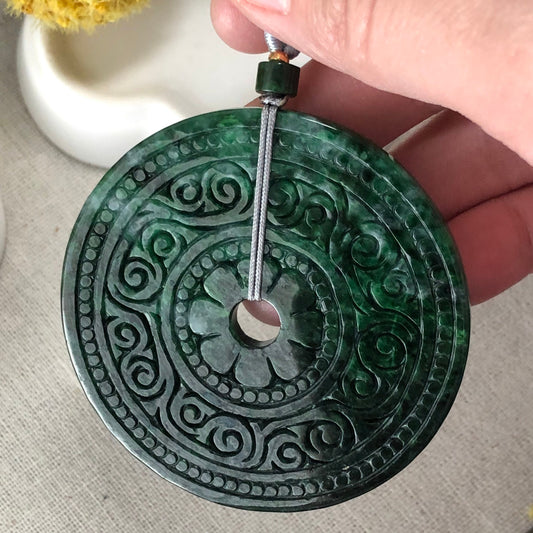 SALE: 59mm Jadeite Jade Dark Green Gradient Carved Flower Pendant
