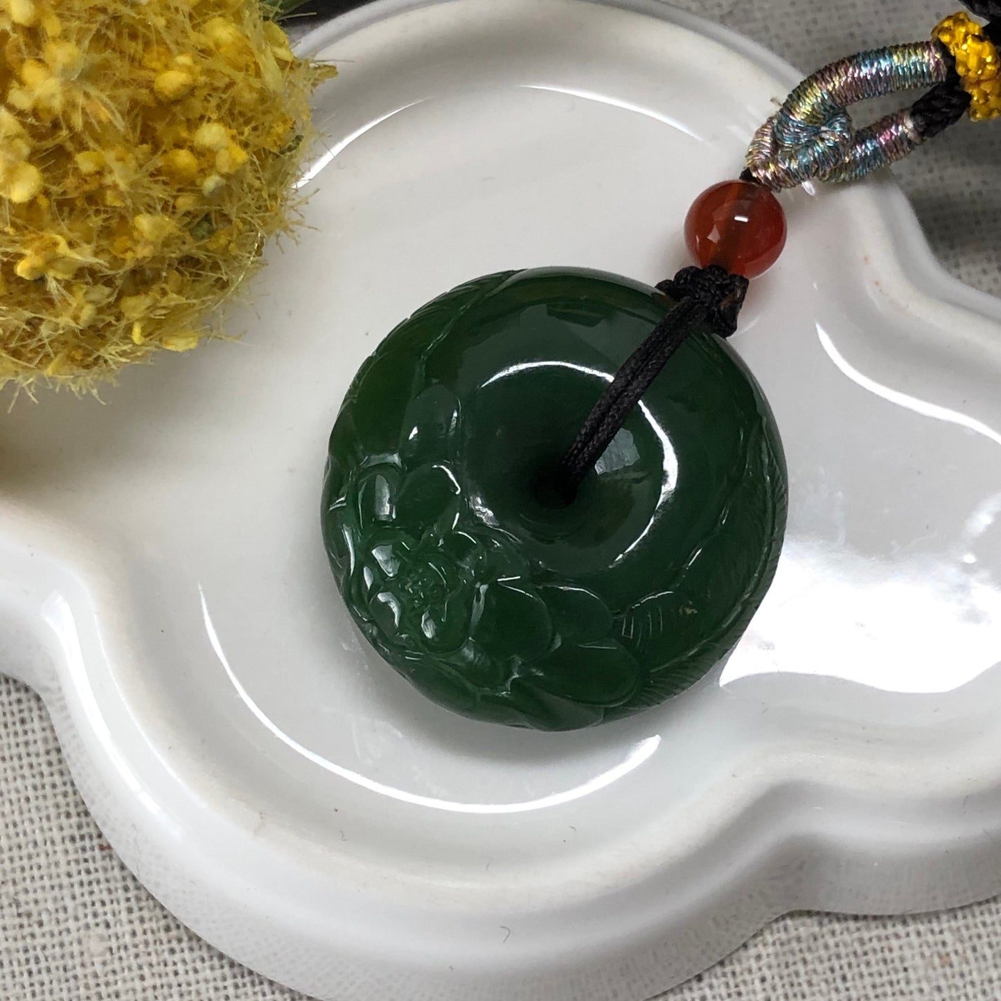 28.2mm Glossy Green Jade Carved Flower Translucent Donut Pendant
