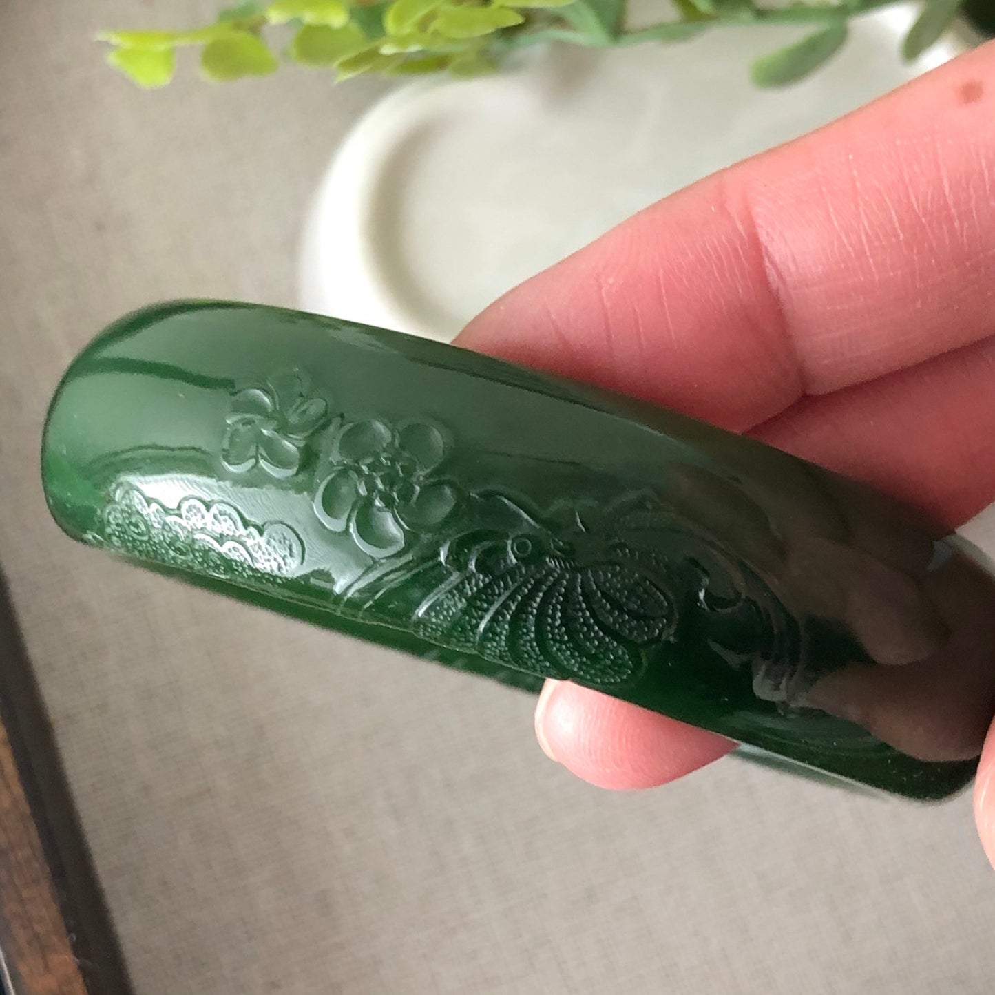 55mm Hetian Jade Imperial Green Embossed Flowers Bangle Collectors Item