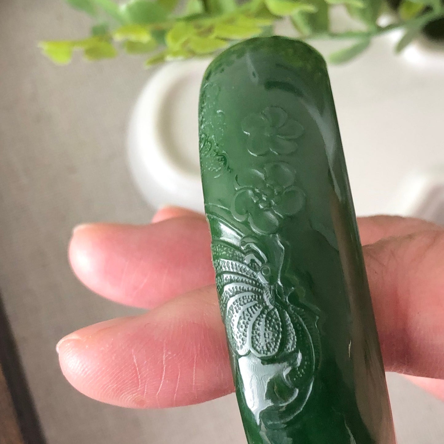55mm Hetian Jade Imperial Green Embossed Flowers Bangle Collectors Item