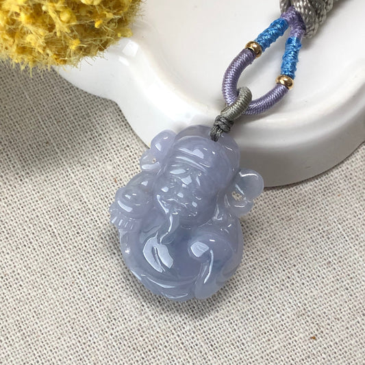 33.9 mm Jadeite Jade Icy Lavender Carved Wealthy Man Pendant RARE