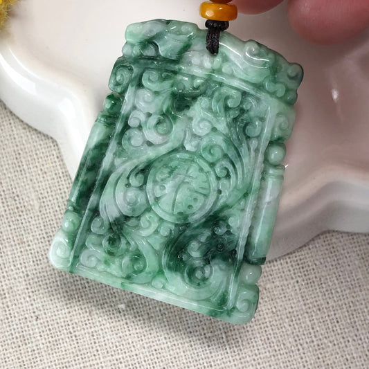 48.3 mm Jadeite Jade Green Floating Flowers Carved Asian Luck Character Pendant