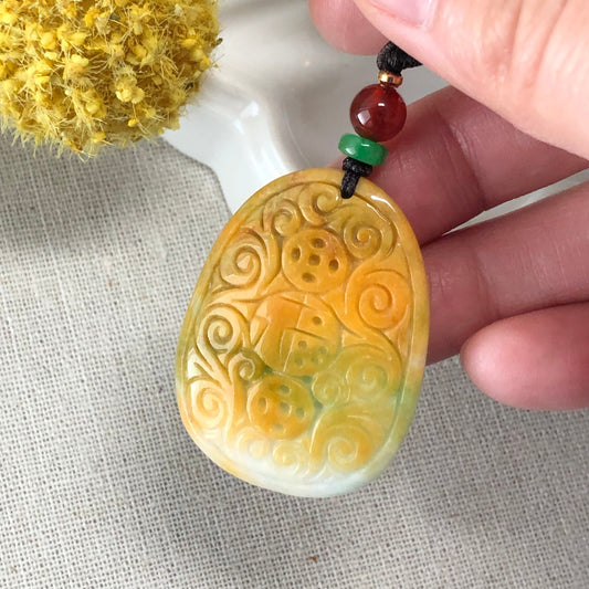 37.9 mm Jadeite Jade Yellow Green Carved Asian Pattern Pendant