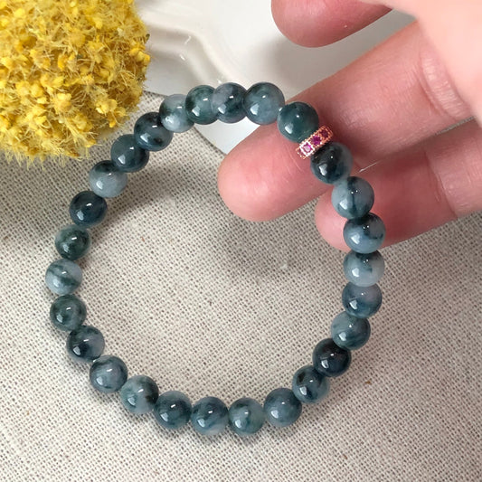 6.7 mm Jadeite Jade Blue Float Flowers Bead Bracelet 27pcs.