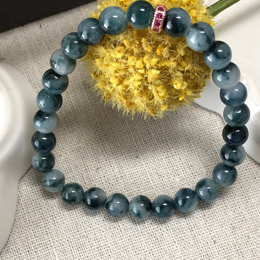 6.7 mm Jadeite Jade Blue Float Flowers Bead Bracelet 27pcs.