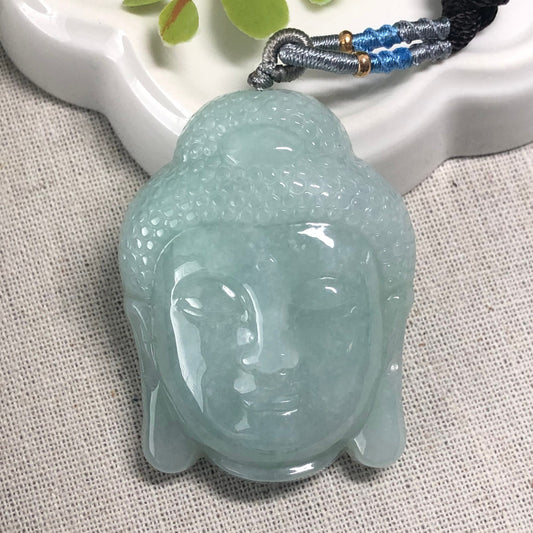 53.7mm Jadeite Jade Glutinous Carved Green Guan Yin Head Pendant