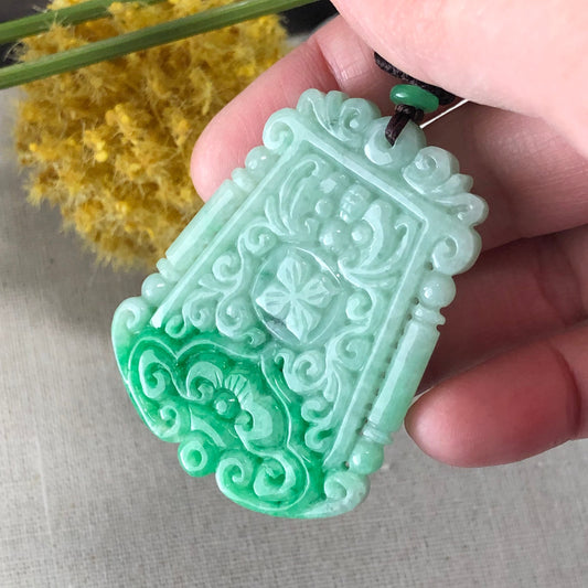 48.9 mm Jadeite Jade Yang Green Carved Asian Luck Character Pendant