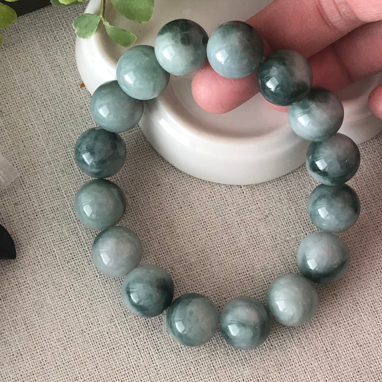 13 mm Jadeite Jade Green Float Flowers Bead Bracelet 16pcs. RARE