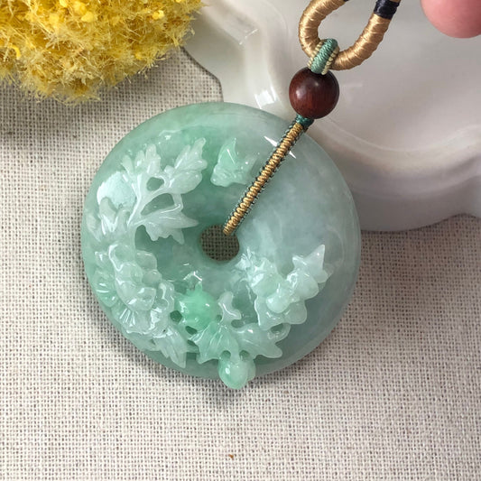 48.6 mm Jadeite Jade Green Carved Floral Peace Donut Pendant