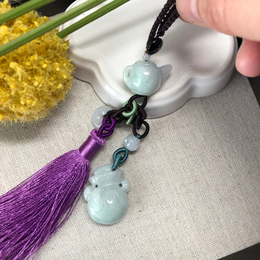 Jadeite Jade Tint Green Carved Teapot Moneybag Charm Keychain