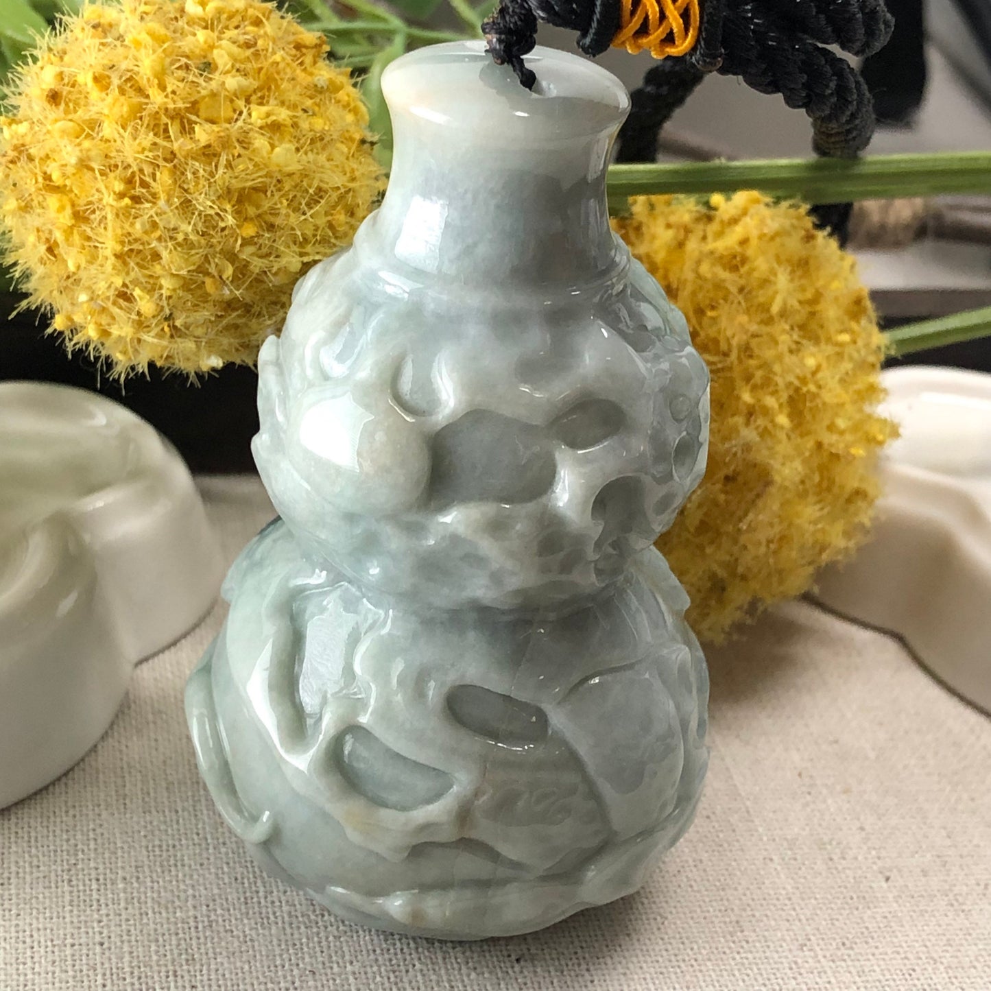 77.7 mm Jadeite Jade Huge Big Green Carved Gourd Display Charm Keychain