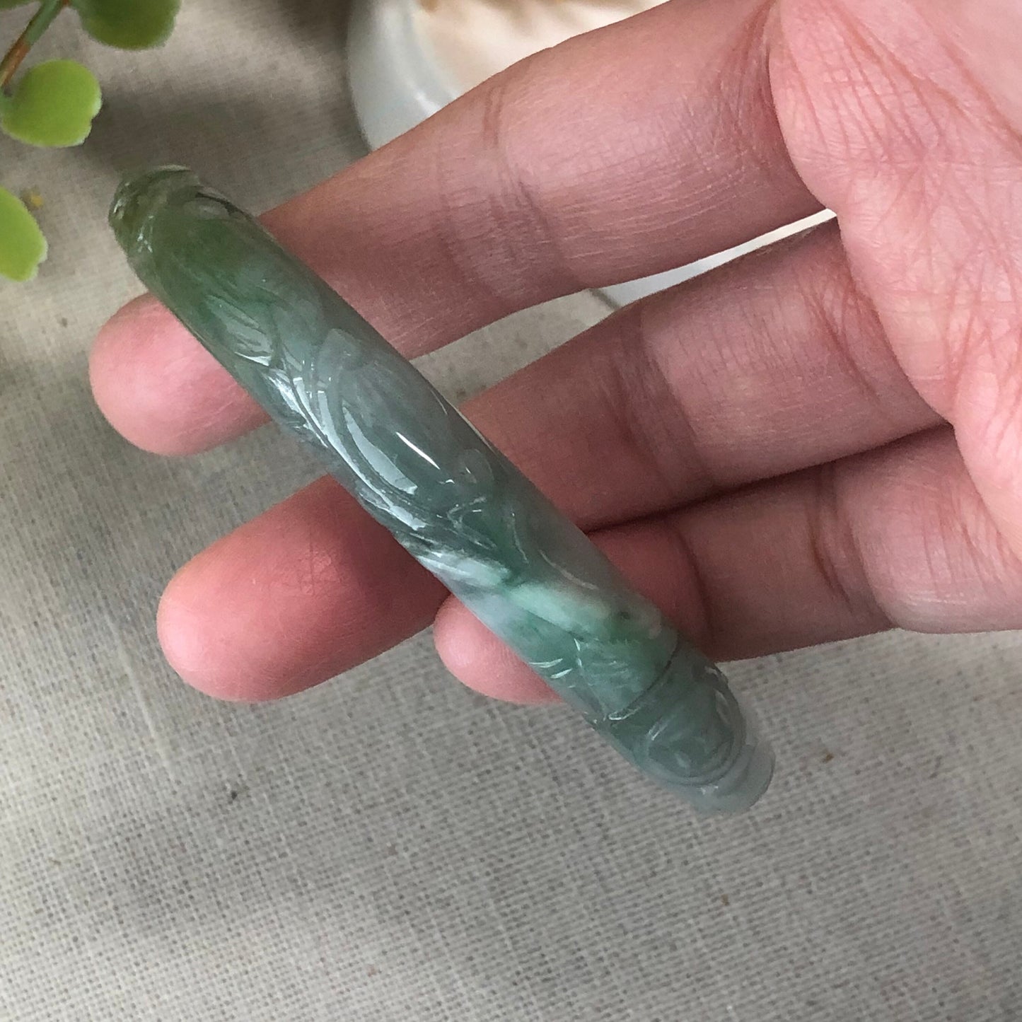 58.5 mm Jadeite Jade Icy Green Yellow Green Carved Ruyi Bangle