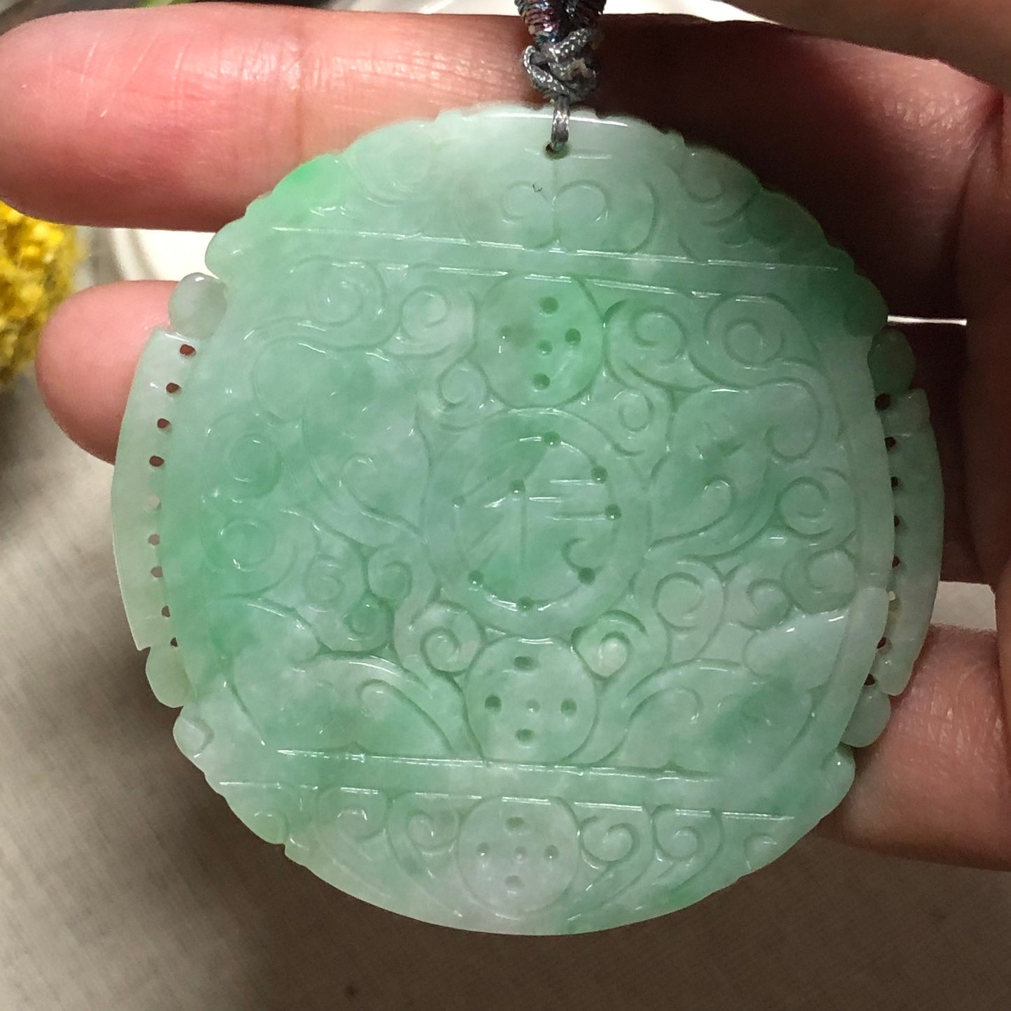 SALE: 56.7 mm Jadeite Jade Yang Green Carved Asian Design Pendant