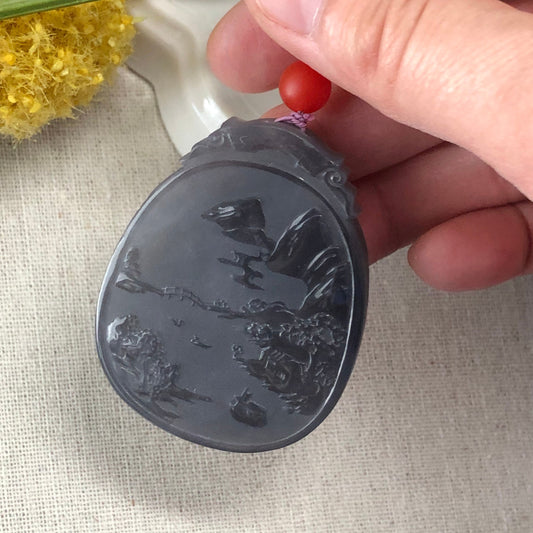 51.8 mm Hetian Jade Icy Imperial Purple Carved Scenery Landscape Pendant RARE