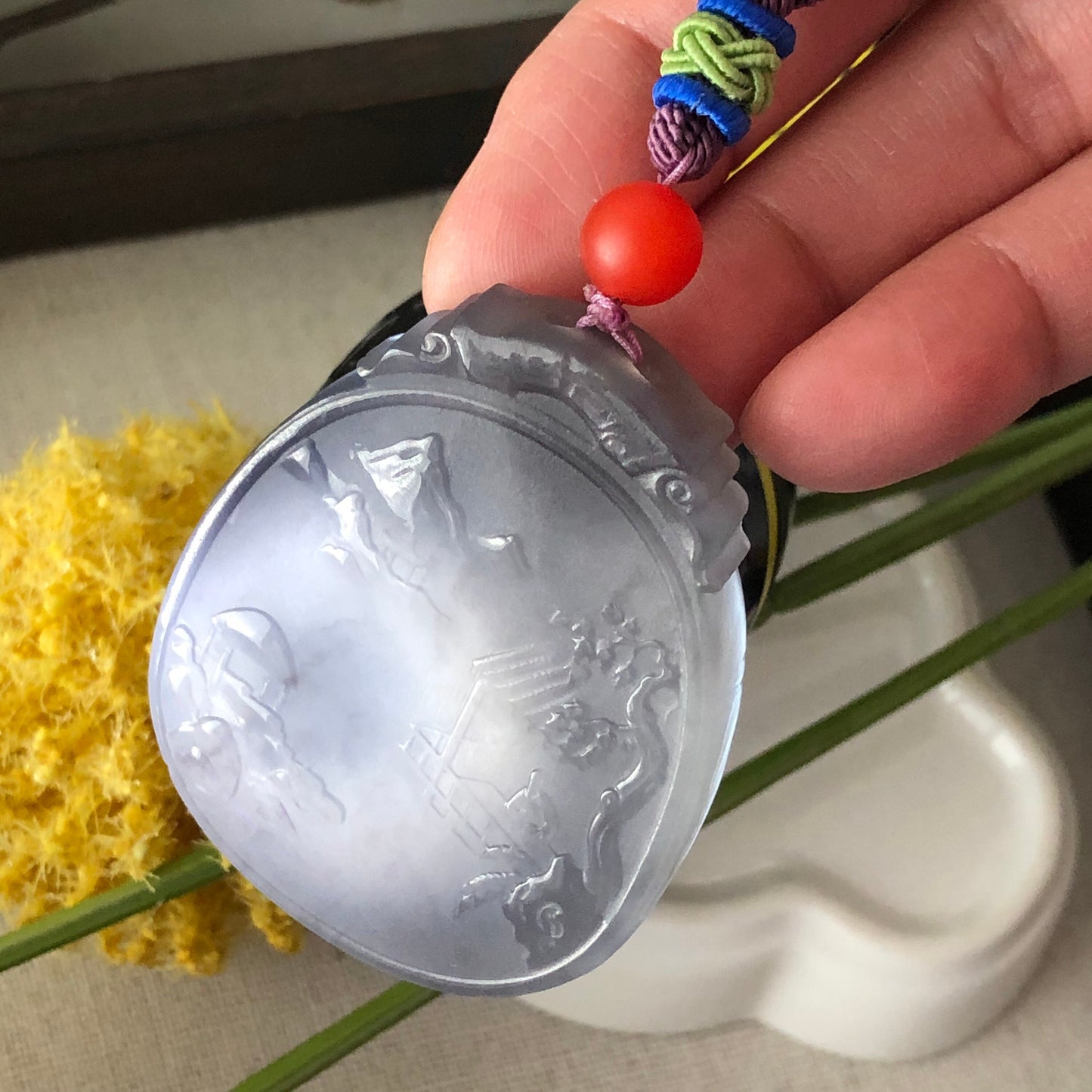 51.8 mm Hetian Jade Icy Imperial Purple Carved Scenery Landscape Pendant RARE