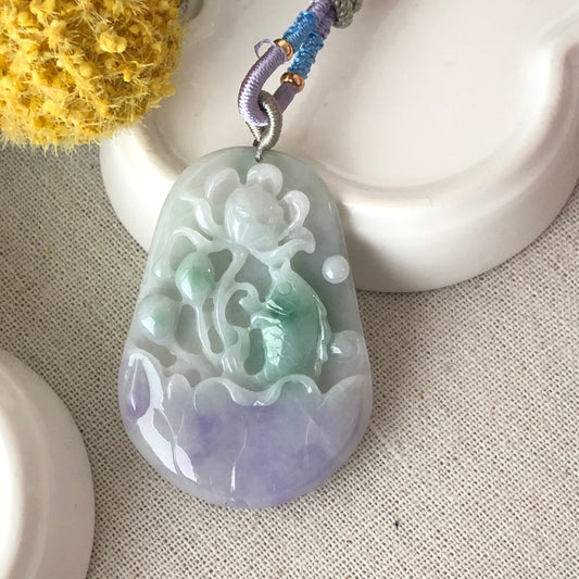 52.4 mm Jadeite Jade Lavender Green 3D Carved Flower Fish Pendant