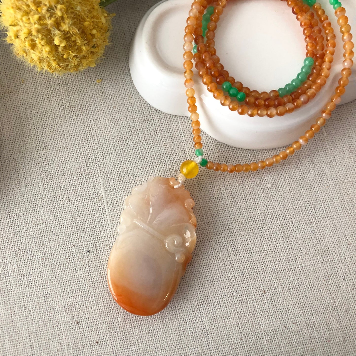 47.6 mm Jadeite Jade Moist  Icy Red Brown Carved Money Bag Pendant with icy necklace