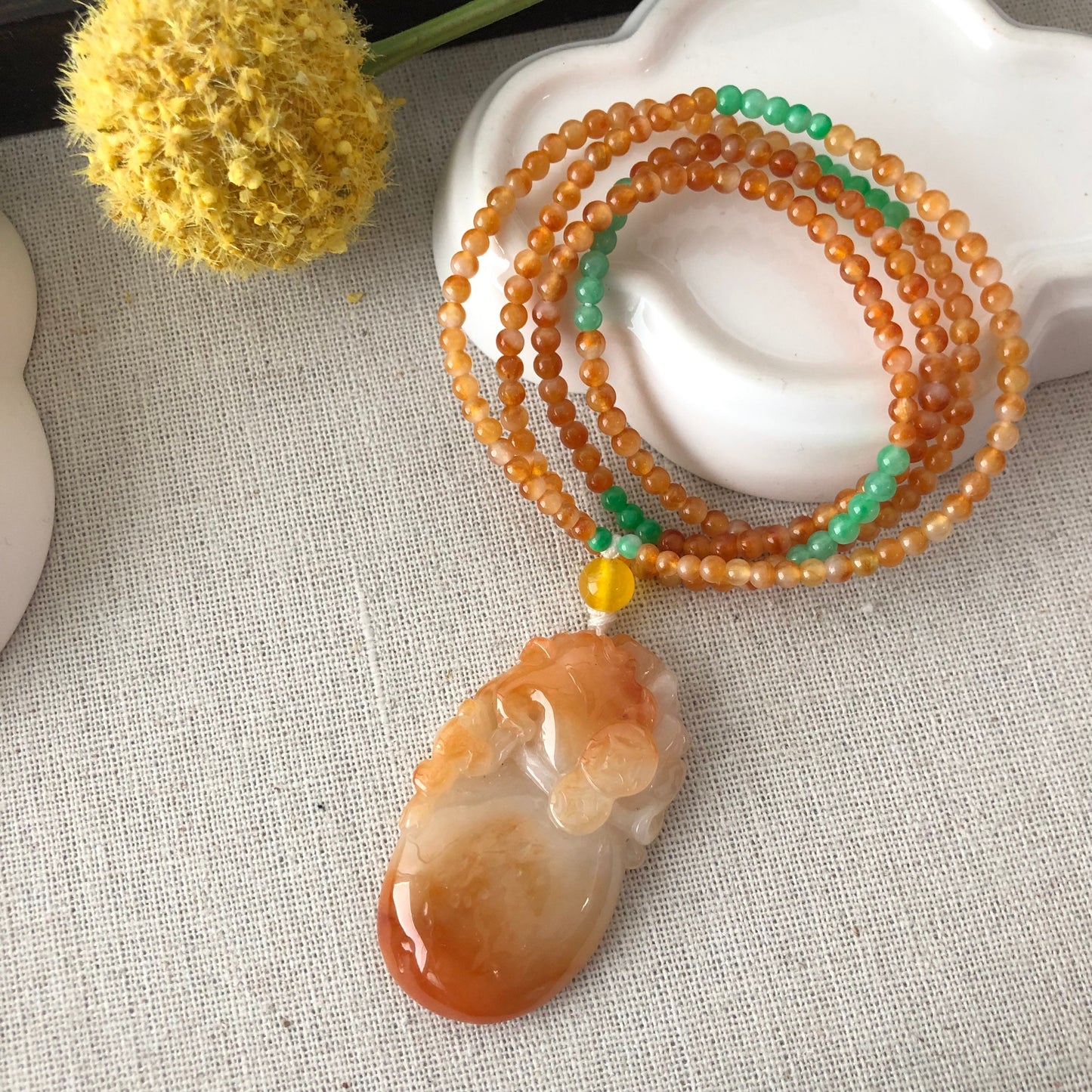 47.6 mm Jadeite Jade Moist  Icy Red Brown Carved Money Bag Pendant with icy necklace