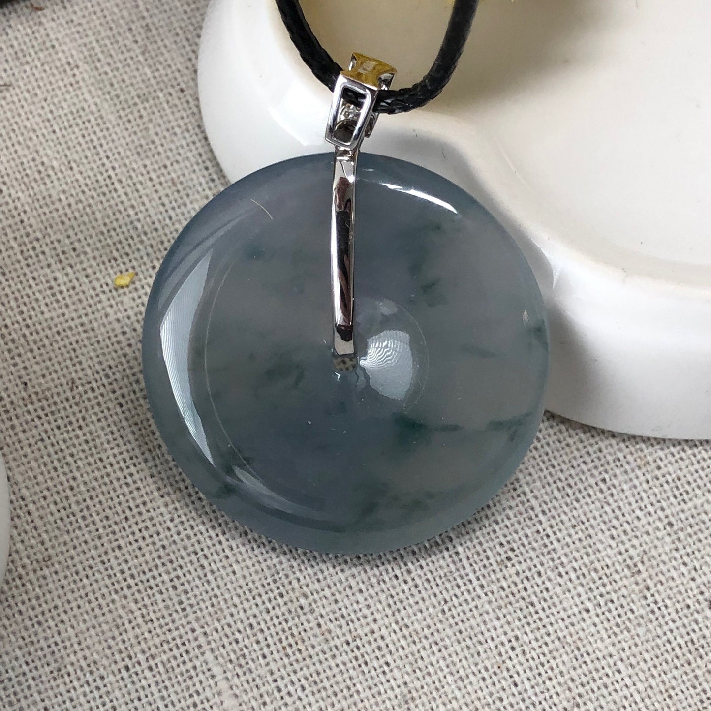 37.4mm Jadeite Jade Icy Blue Green Float Flowers Peace Donut Pendant 18K white gold