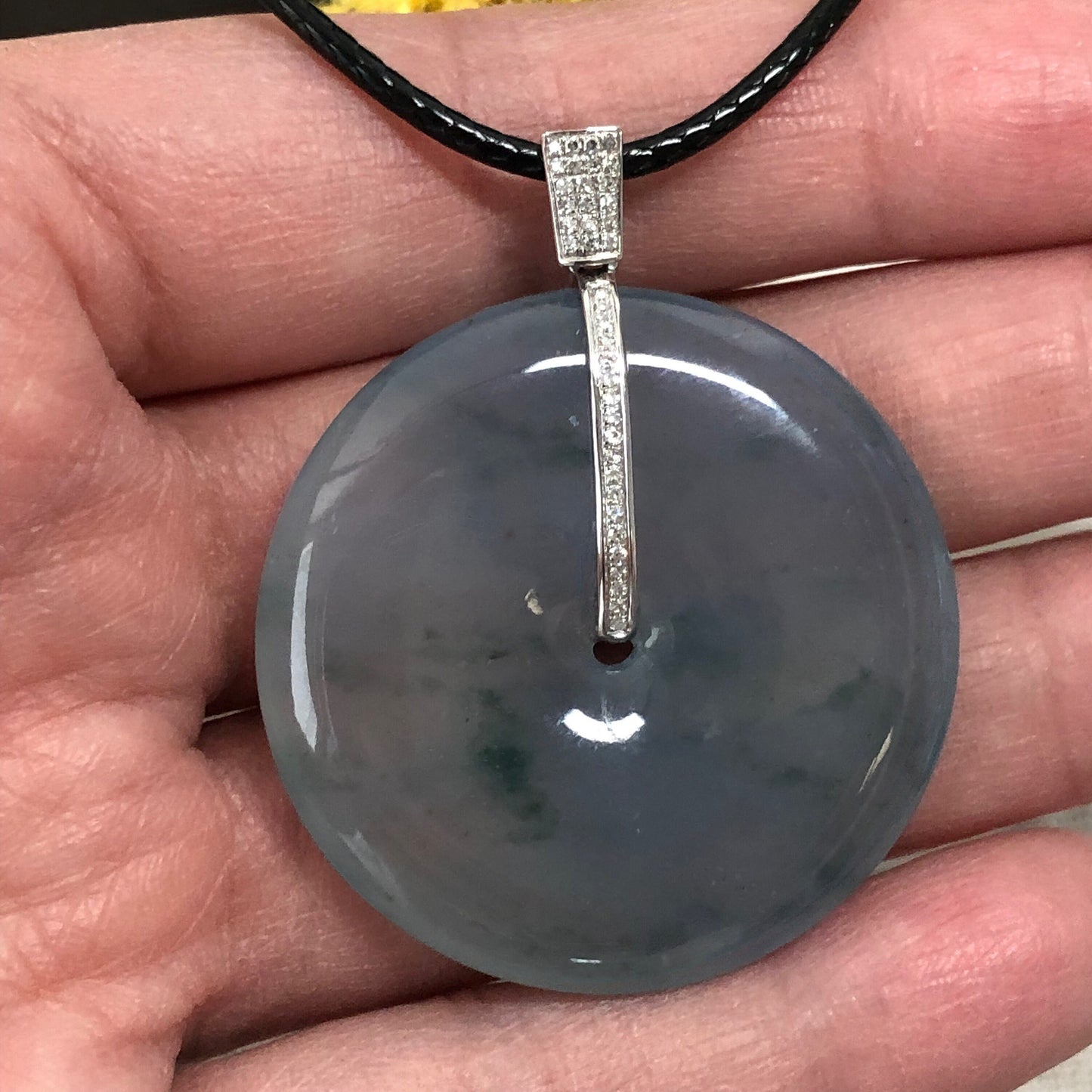 37.4mm Jadeite Jade Icy Blue Green Float Flowers Peace Donut Pendant 18K white gold