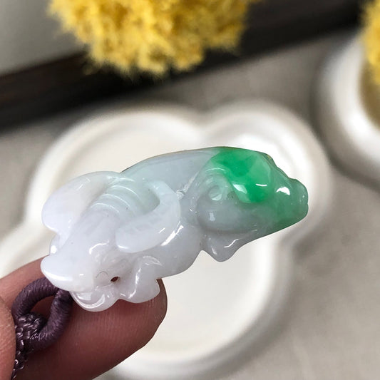 28.3mm Jadeite Jade Icy Green White Carved Cow Pendant