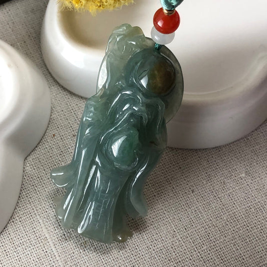 54.1mm Jadeite Jade Icy Blue Green Longevity Old Man Carved Pendant