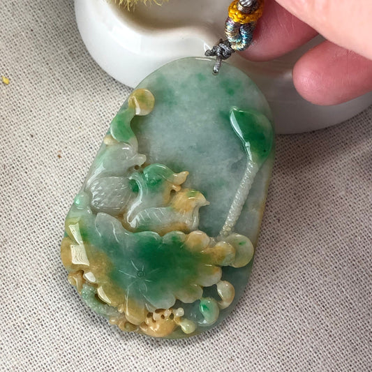 Reserved: 60 mm Jadeite Jade Yellow Green Carved Bird Flowers Pendant RARR