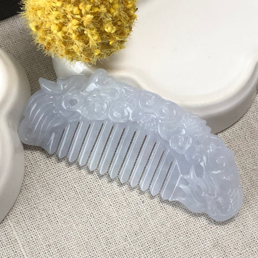 78 mm Jadeite Jade Light Lavender Carved Flowers Comb Display