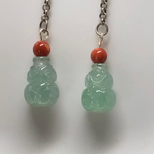 10mm Jadeite Jade Icy Tint Green Dangle Carved Gourd Earrings 925S
