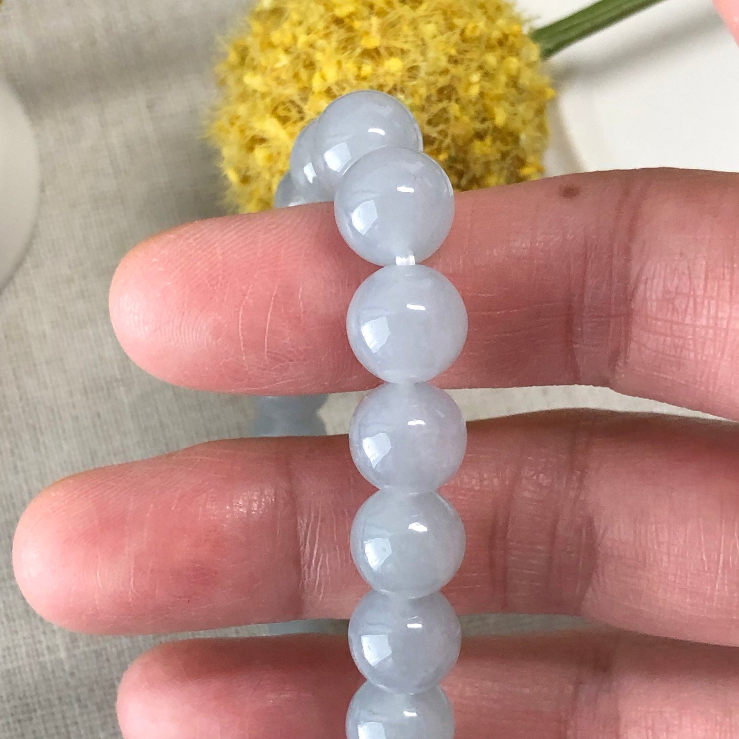 9 mm Jadeite Jade Icy Sky Blue Bead Bracelet 21pcs.