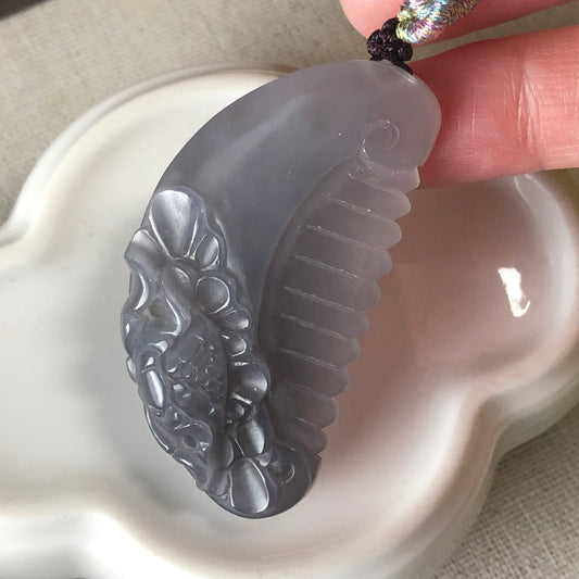 50 mm Hetian Jade Icy Imperial Purple Carved Flower Comb Pendant RARE