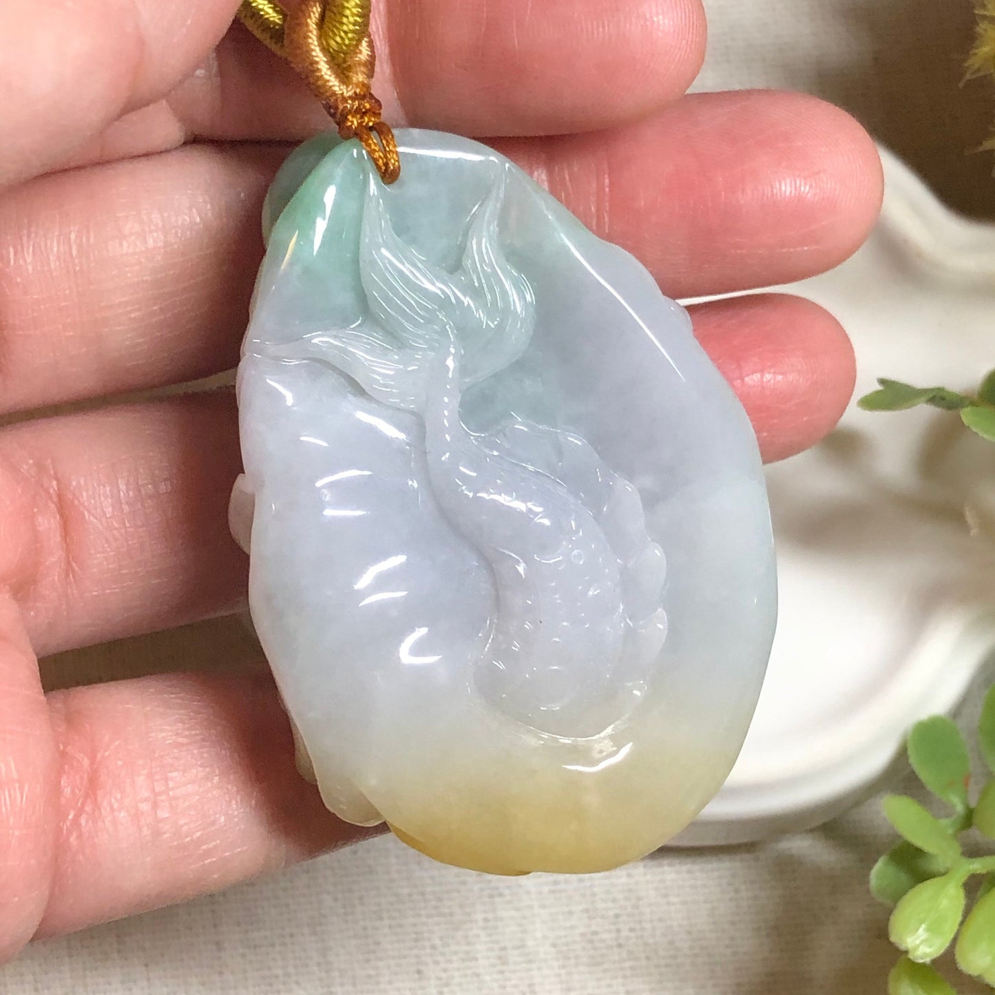 56.8 mm Jadeite Jade Yellow Green 3D Carved Dragon Pendant Charm