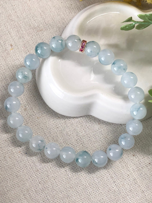 SALE: 8.1 mm Jadeite Jade Icy Green Floating Flowers Bead Bracelet 23pcs.