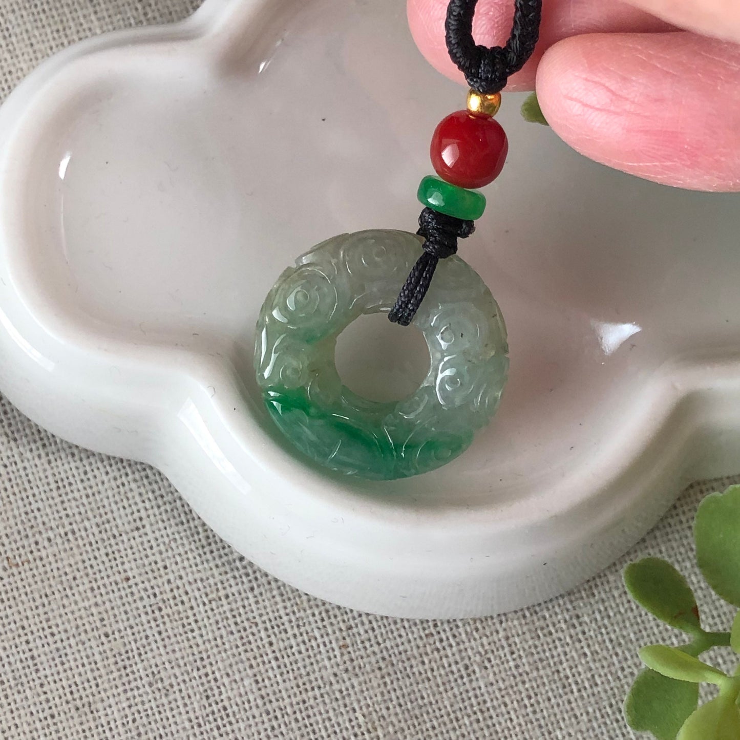 22.2mm Jadeite Jade Icy moss Green Carved Peace Donut Pendant