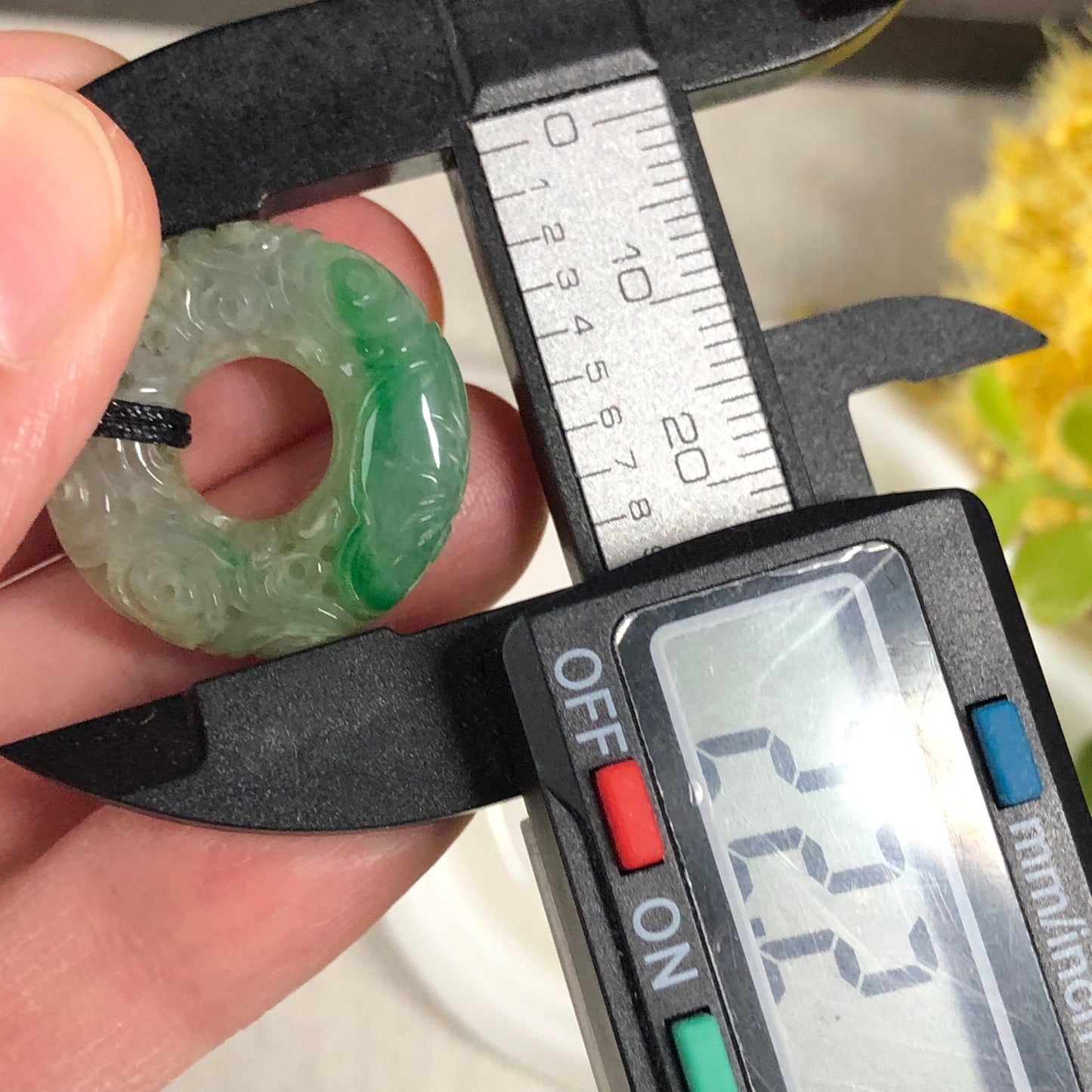 22.2mm Jadeite Jade Icy moss Green Carved Peace Donut Pendant