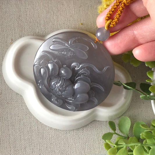 51.3 mm Hetian Jade Icy Imperial Purple Carved Flower Dragonfly Pendant RARE